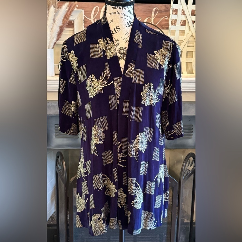 R&M Richards Karen Kwong Open Front Cardigan Blue Gold Stretch Geometric Blouse